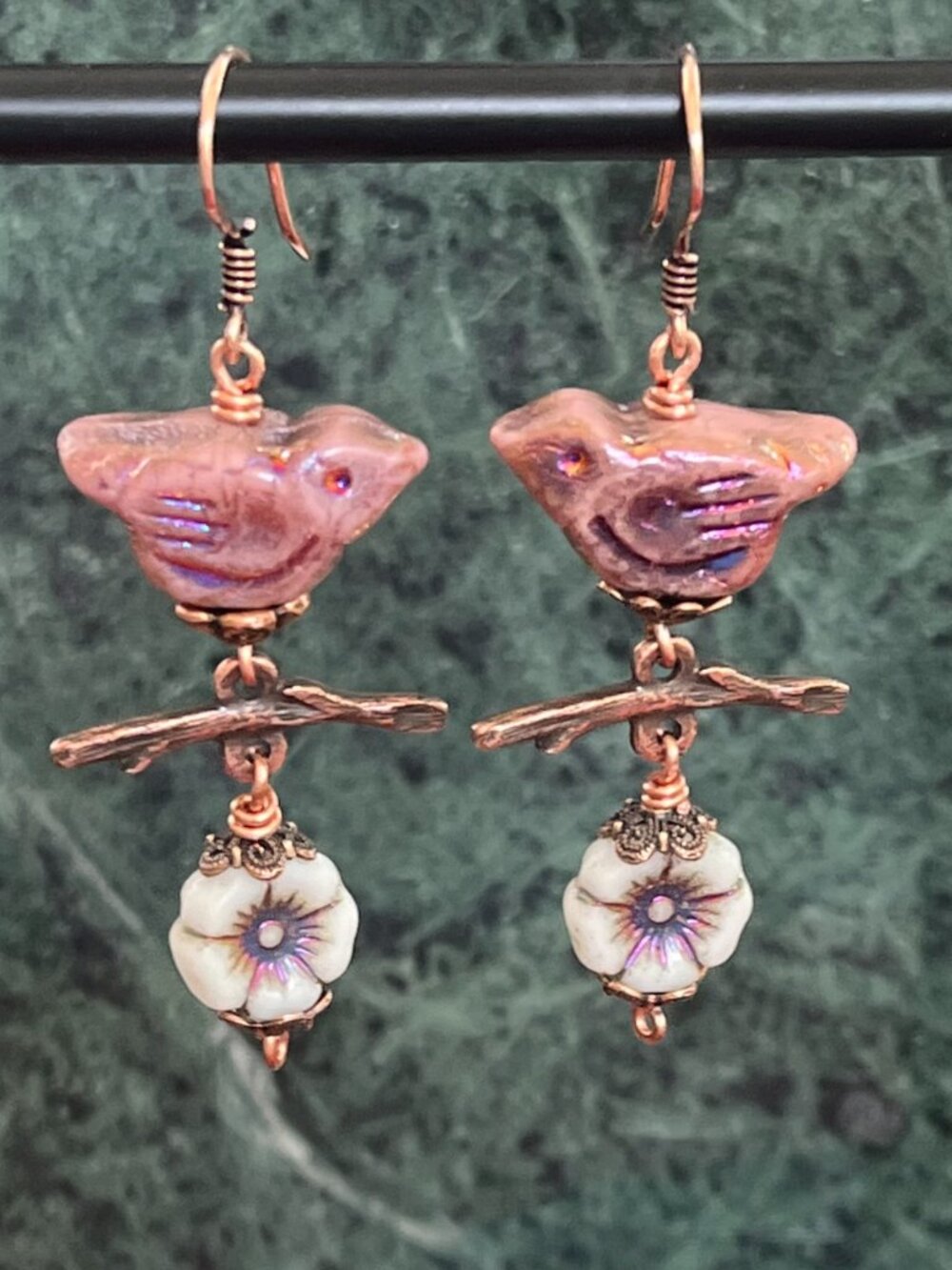 Whimsical Bird and Flower Earrings | Boho Nature Dangle Copper Earrings - Picture 7 of 9